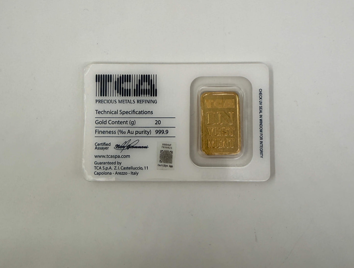 Lingotto 20gr - Oro 24kt (999,9‰)