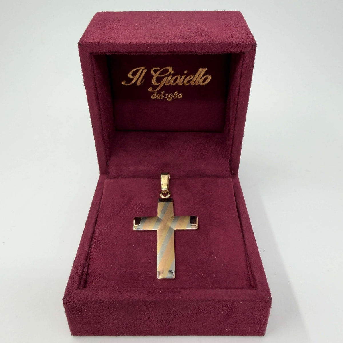 CIONDOLO ORO 18KT TRICOLOR Croce Piatta Con Righe Satinate 5.73 gr