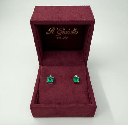 COPPIA DI ORECCHINI ORO 18KT BIANCO CON SMERALDI E DIAMANTI