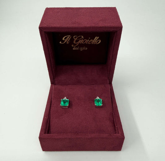 COPPIA DI ORECCHINI ORO 18KT BIANCO CON SMERALDI E DIAMANTI