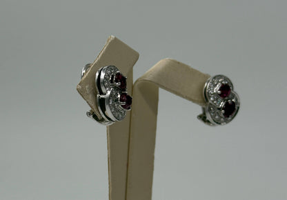 COPPIA DI ORECCHINI ORO 18KT BIANCO CON RUBINI E DIAMANTI