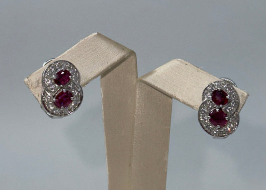 COPPIA DI ORECCHINI ORO 18KT BIANCO CON RUBINI E DIAMANTI