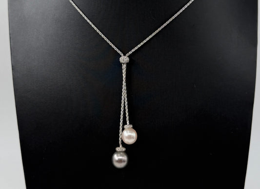 COLLANA ORO 18KT BIANCA CON DIAMANTI E PERLE NATURALI