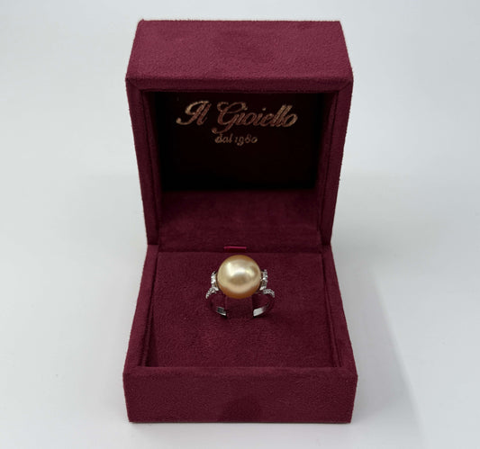 ANELLO IN ORO BIANCO 18KT CON DIAMANTI E PERLA CHAMPAGNE