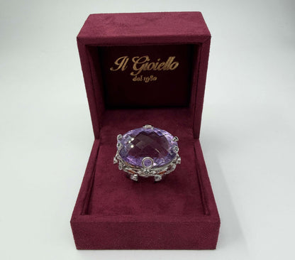 ANELLO IN ORO 18KT BIANCO CON AMETISTA E DIAMANTI