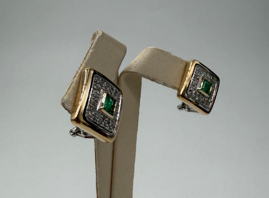 COPPIA DI ORECCHINI ORO 18KT BICOLOR CON SMERALDI E DIAMANTI