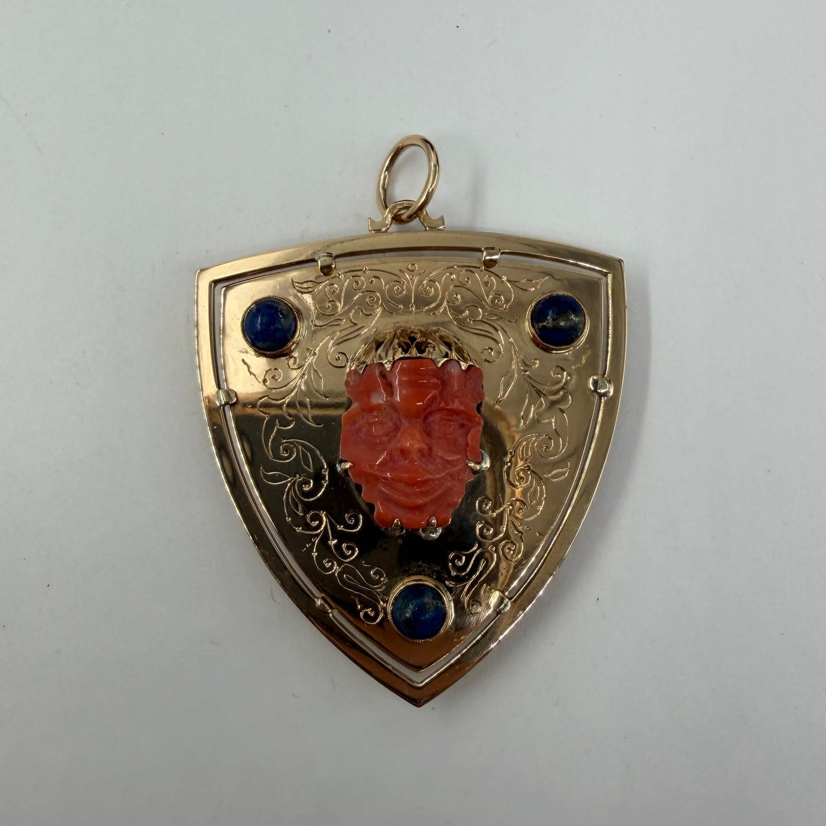 CIONDOLO ORO 18KT GIALLO Scudo Araldico CON CORALLO, LAPISLAZULI E GRANATI 19.49 gr