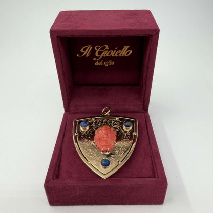 CIONDOLO ORO 18KT GIALLO Scudo Araldico CON CORALLO, LAPISLAZULI E GRANATI 19.49 gr