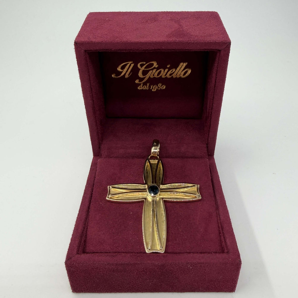 CIONDOLO ORO 18KT GIALLO Croce Satinata CON ZAFFIRO BLU NATURALE DA 0.50CT 15.37 gr