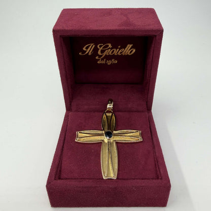 CIONDOLO ORO 18KT GIALLO Croce Satinata CON ZAFFIRO BLU NATURALE DA 0.50CT 15.37 gr