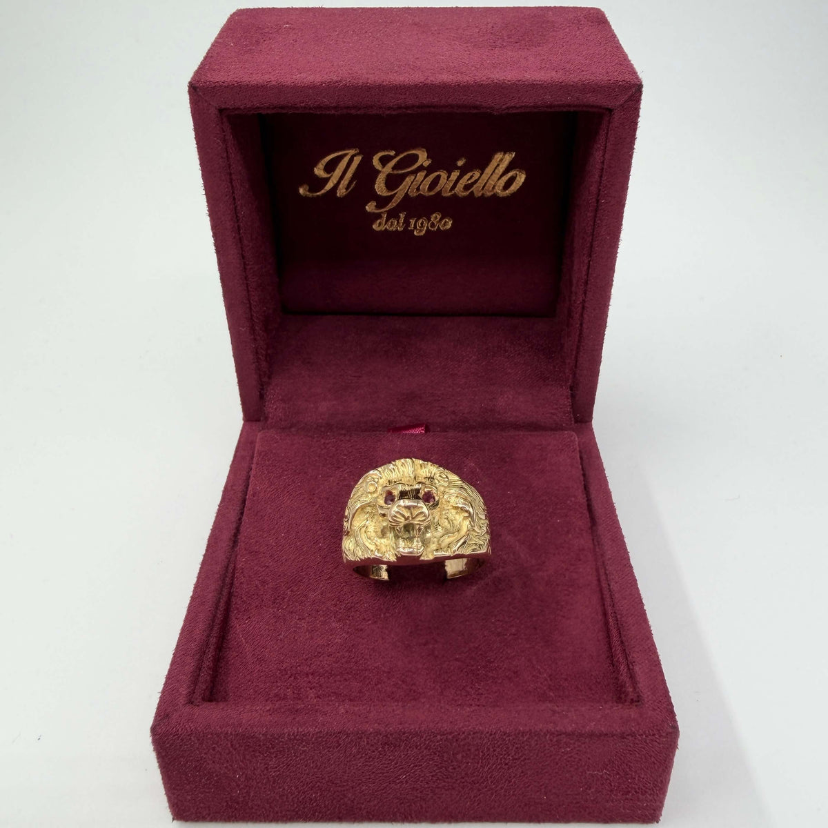 ANELLO ORO 18KT GIALLO Leone con Rubini Naturali da 0.02ct 8.52 gr