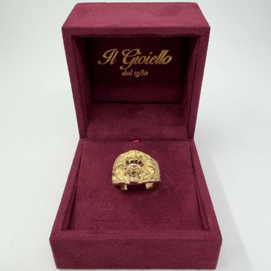 ANELLO ORO 18KT GIALLO Leone con Rubini Naturali da 0.02ct 8.52 gr