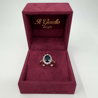 ANELLO ORO 18KT BIANCO Stile Kate con Zaffiro Naturale  1.50ct e Diamanti Naturali VS/G da 0.36ct 4.67 gr