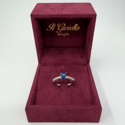 ANELLO ORO 18KT BIANCO Solitario con Zaffiro Naturale 0.50ct e Diamanti Naturali VS/G da 0.18ct 4.35 gr