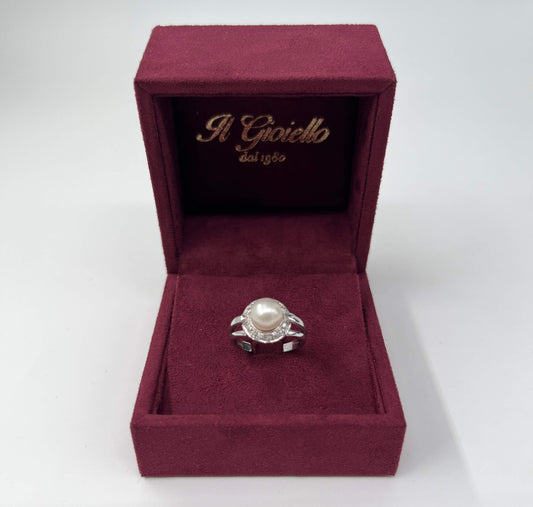 ANELLO IN ORO 18KT BIANCO CON PERLA E DIAMANTI