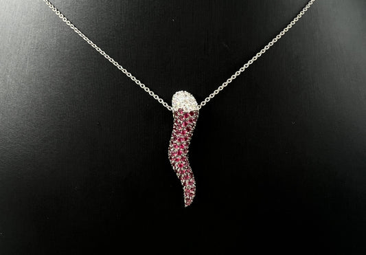 COLLANA ORO 18KT BIANCA CON DIAMANTI E RUBINI NATURALI
